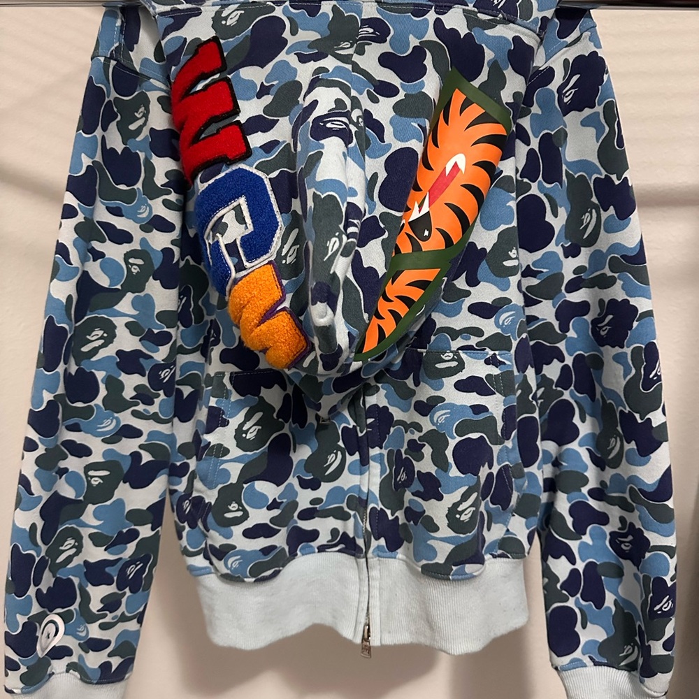 Bape Blue and Green Camouflage Hoodie with Ribbed Cuffs